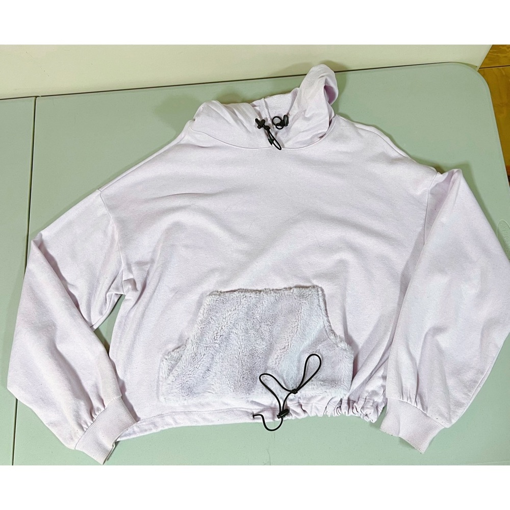Pastel Purple Fur Drawstring Pullover Crop Hoodie Sweatshirt Sweater Size XL 💜